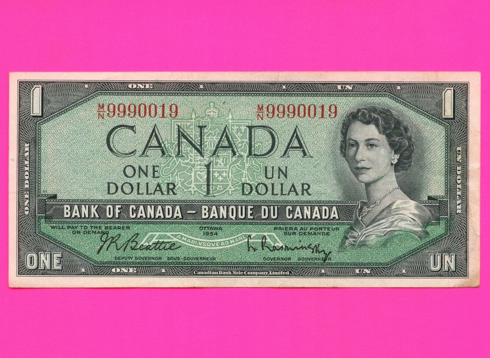1954 Issue Canada 1 Dollar Bank Note S/N MN9990019