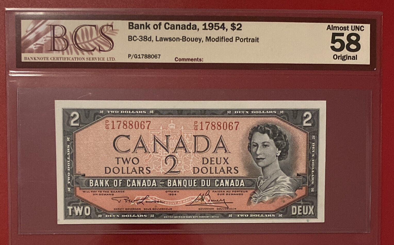 1954 Bank of Canada $2 Dollar Note BCS Graded AU-58 (P/G 1788067) Modified
